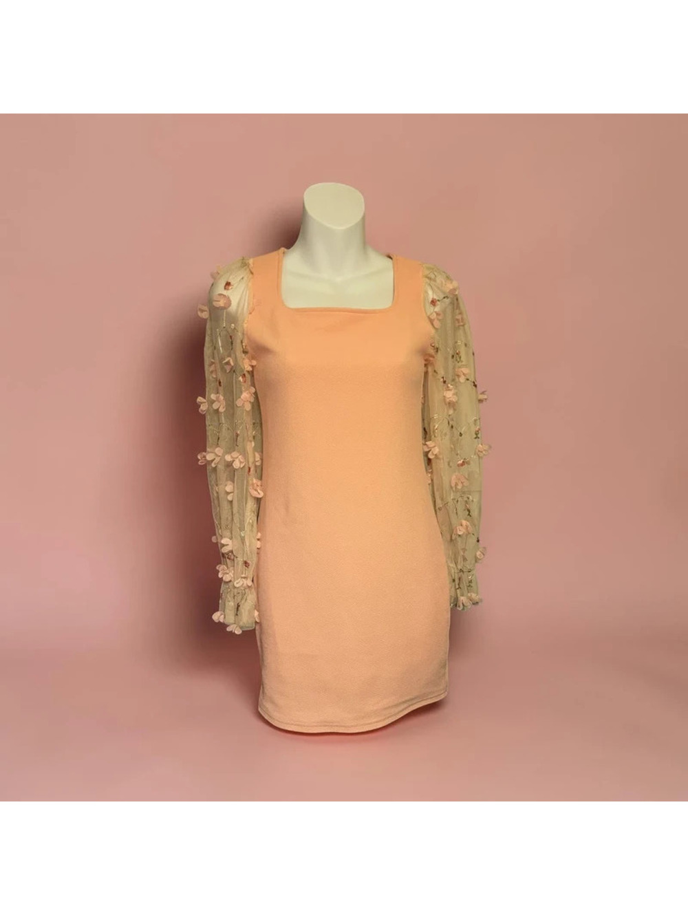 Pink Mesh Flounce Sleeve Appliqués Dress (SHEIN)